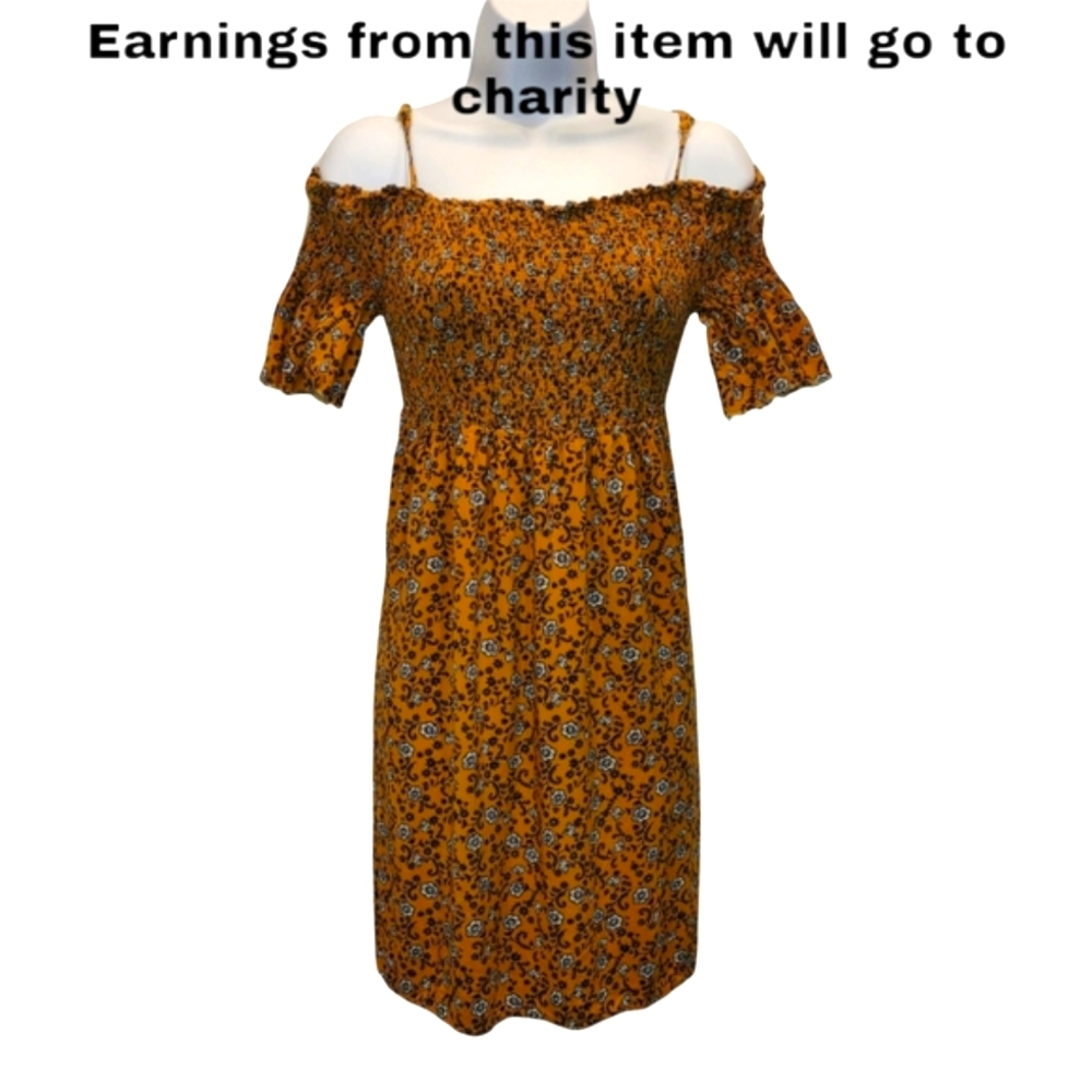 Magnolia Skye Ruched Off Shoulder Peasant Dress. Floral. Orange